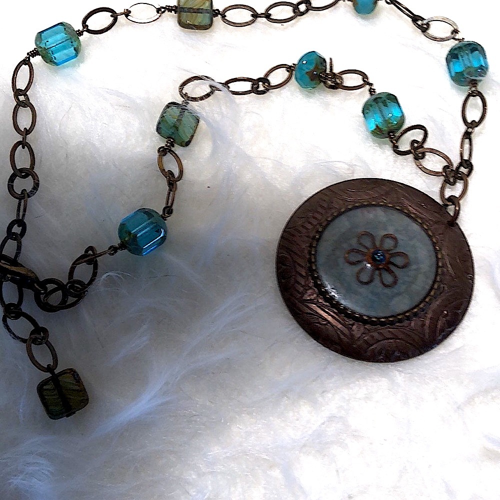 Hand crafted Czech glass beaded necklace aqua blues